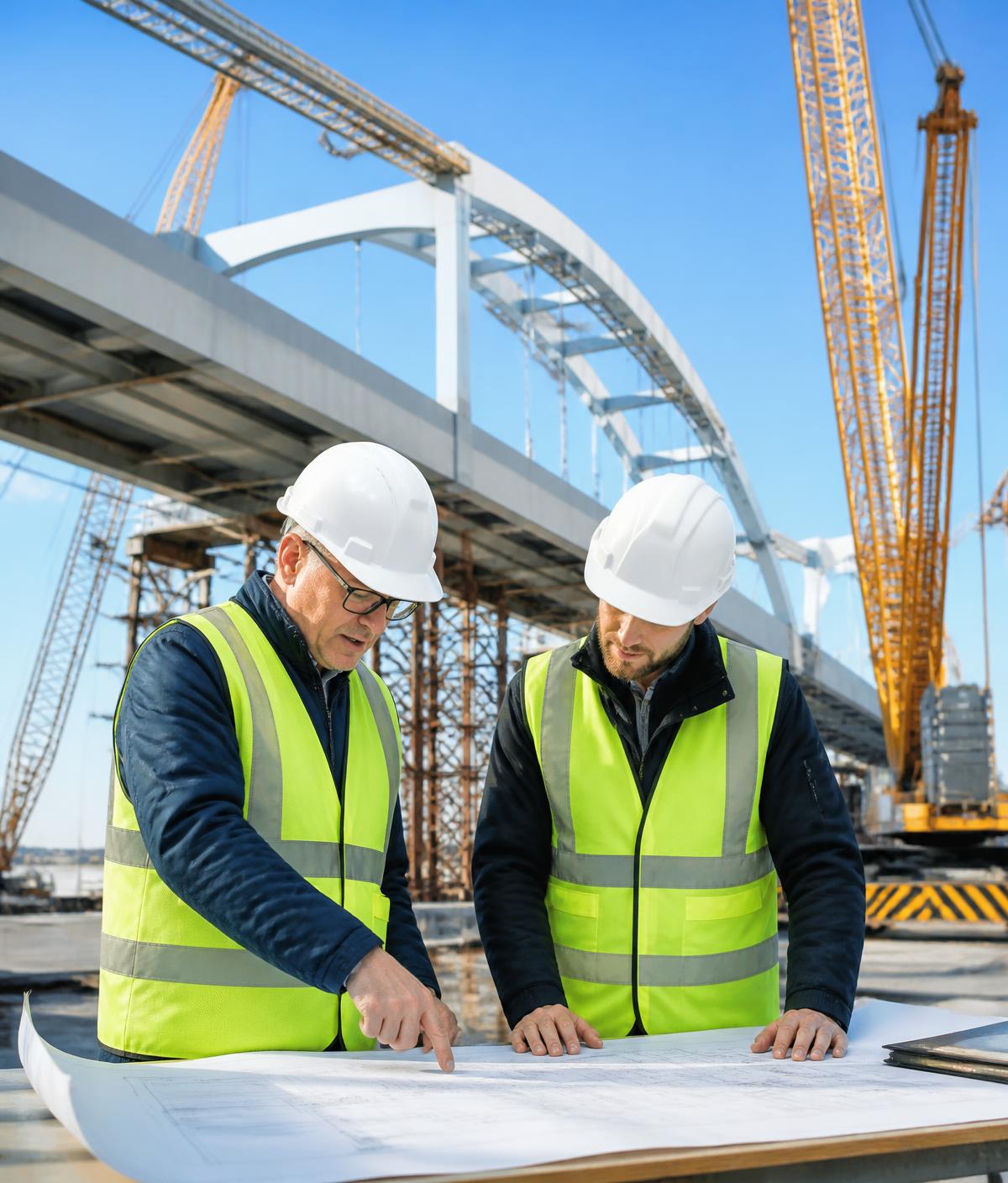 Engineers reviewing drawings at an active infrastructure project
